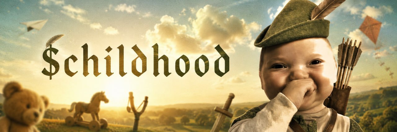 $CHILDHOOD banner — a baby dressed as Robin Hood in a golden field