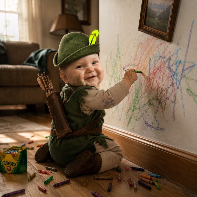 Baby drawing on a wall with crayons